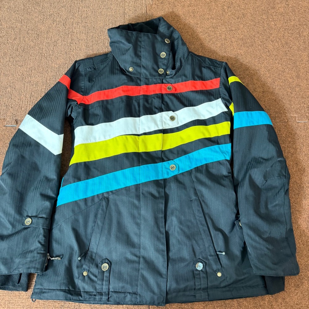 Obermeyer Womens Ski Jacket Black Multi Color Stripe Insulated‎ Winter Coat Sz 6
